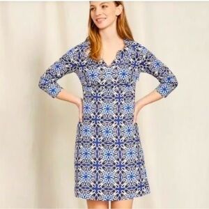 Boden Blue White 100% Linen Tunic Shift Dress Size 6 Boho Tile Print 3/4 Sleeve